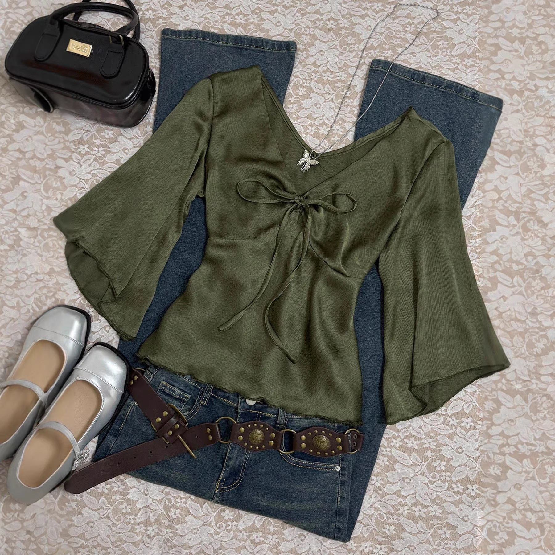 Elegant Solid Color Long Sleeve Polyester Women's Shirt With V Neck And Tie Closure