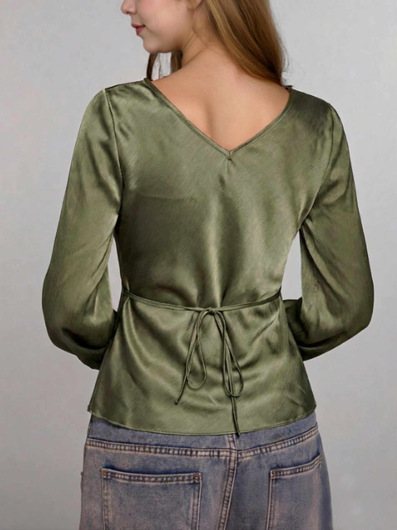 Elegant Solid Color Long Sleeve Polyester Women's Shirt With V Neck And Tie Closure