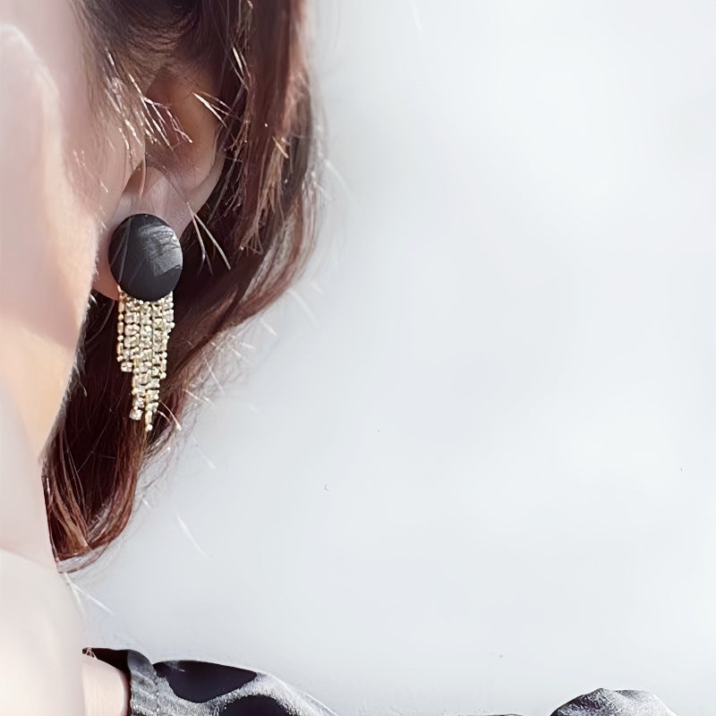 Heart Shape Tassel Earrings For Women In Dyed Black Zinc Alloy With 925 Sterling Silver Ear Pins