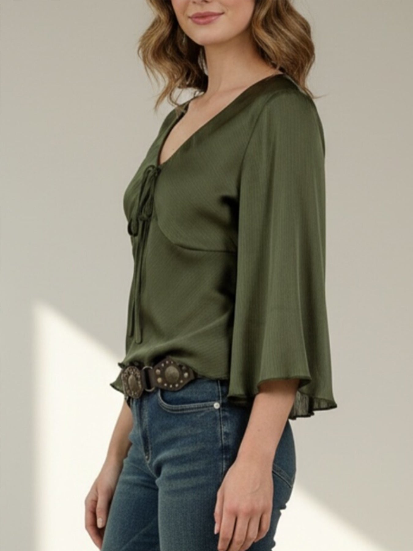 Elegant Solid Color Long Sleeve Polyester Women's Shirt With V Neck And Tie Closure