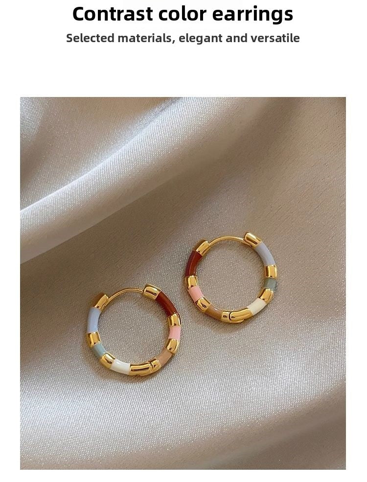 Color Block Enamel Earrings For Women, 1 Pair, Retro Style Featuring Vibrant Colour Design