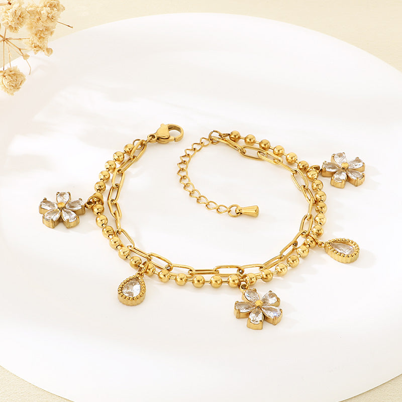 Electroplated Flowers Bracelet For Women In 304 Stainless Steel With 18K Real Gold PVD Coated Plating And 0.03µm Thickness