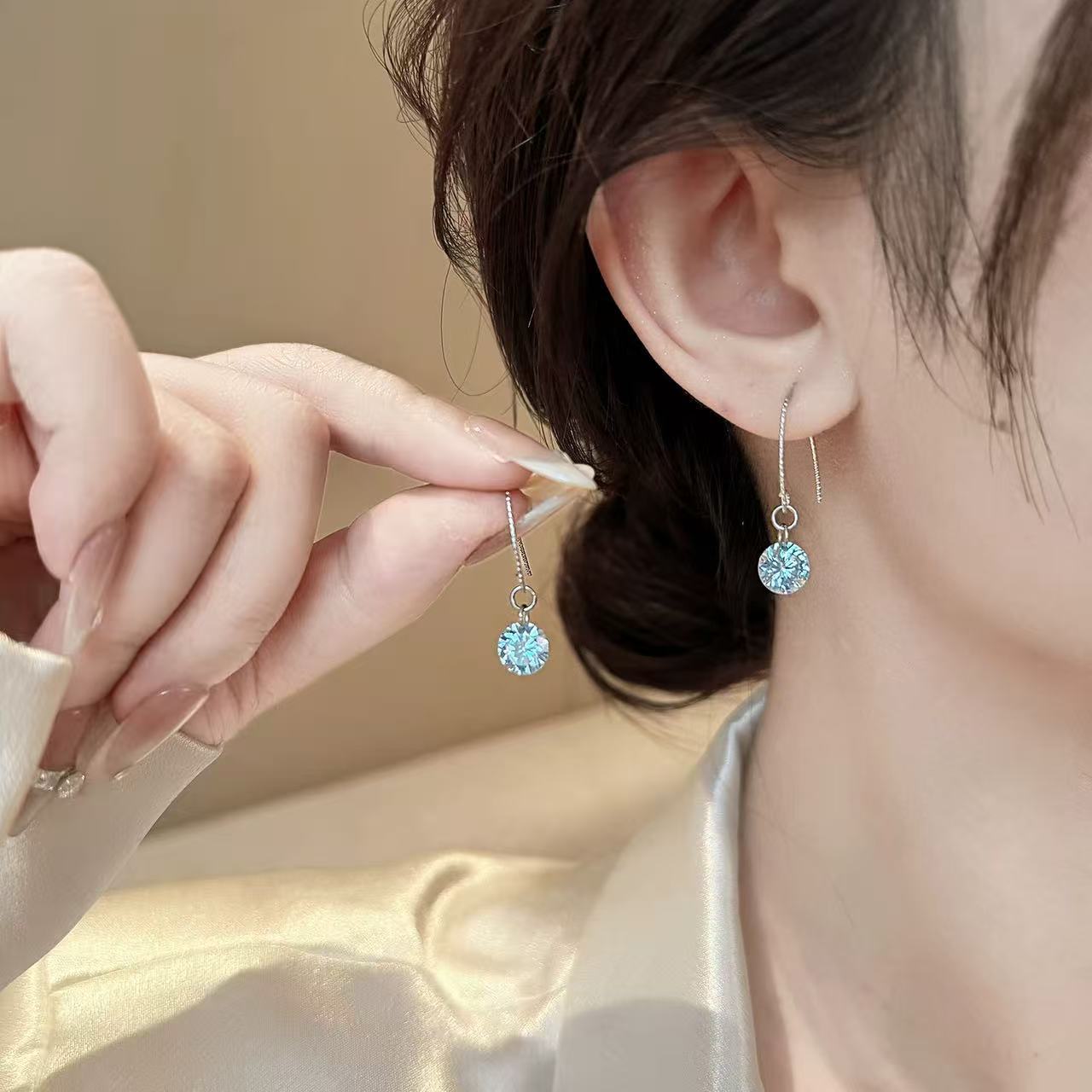 Geometric Blue Earrings For Women Featuring Zinc Alloy With Rhinestones And 925 Sterling Silver Ear Pins