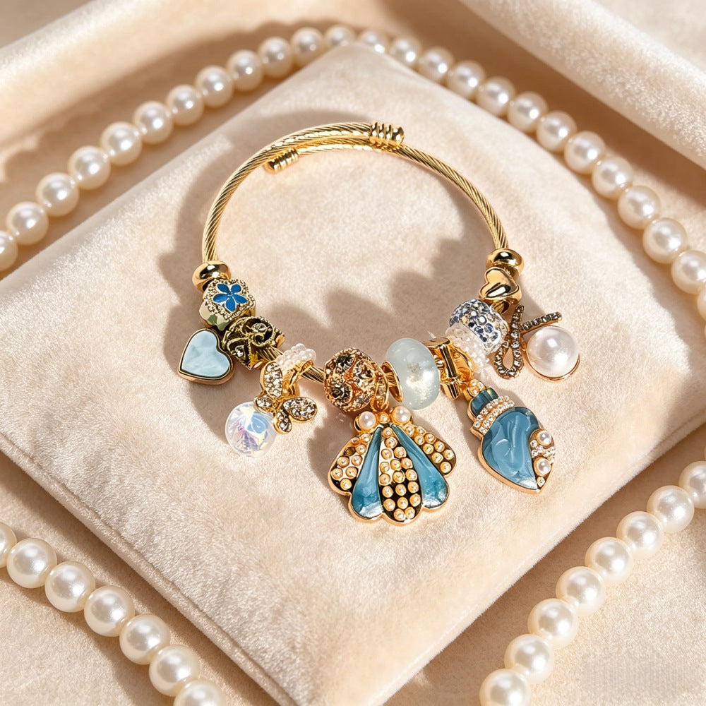Ocean Pattern Cartoon Style Unisex Bangle Bracelet With Gold Beading And Zinc Alloy Pendant
