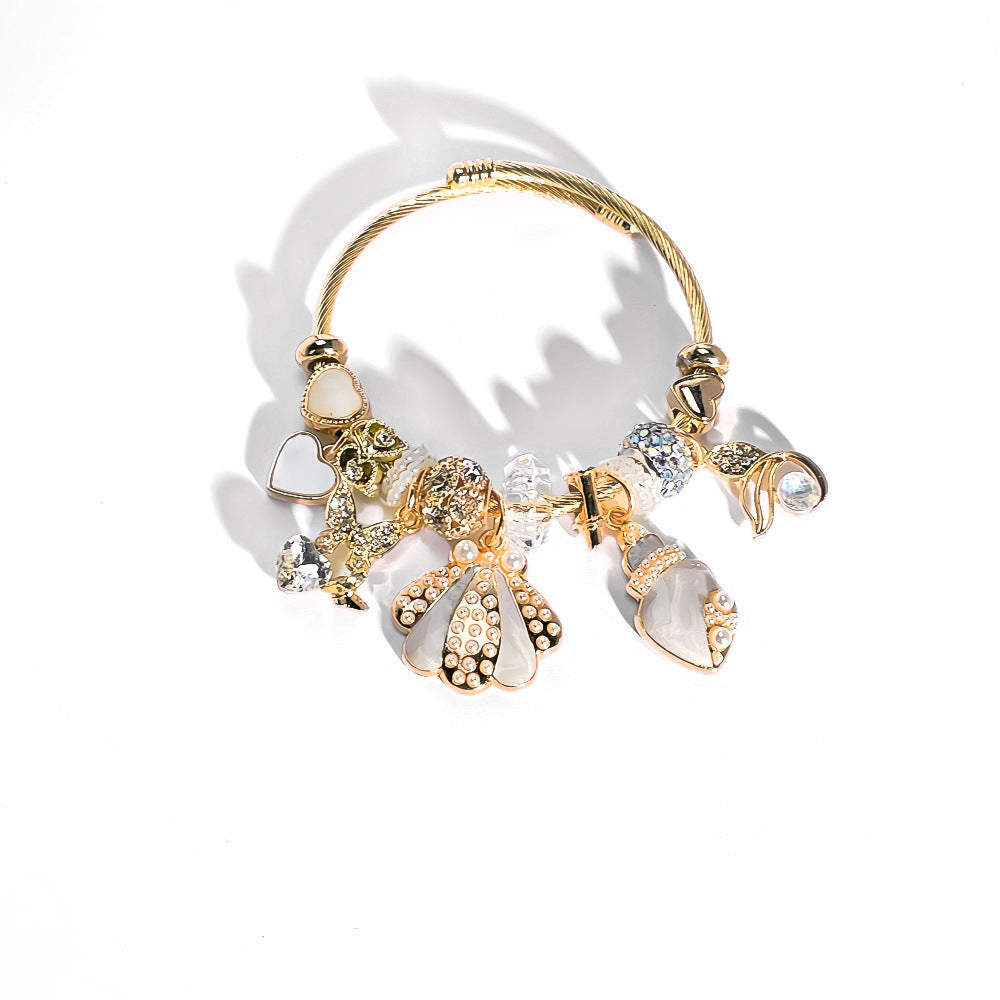 Ocean Pattern Cartoon Style Unisex Bangle Bracelet With Gold Beading And Zinc Alloy Pendant