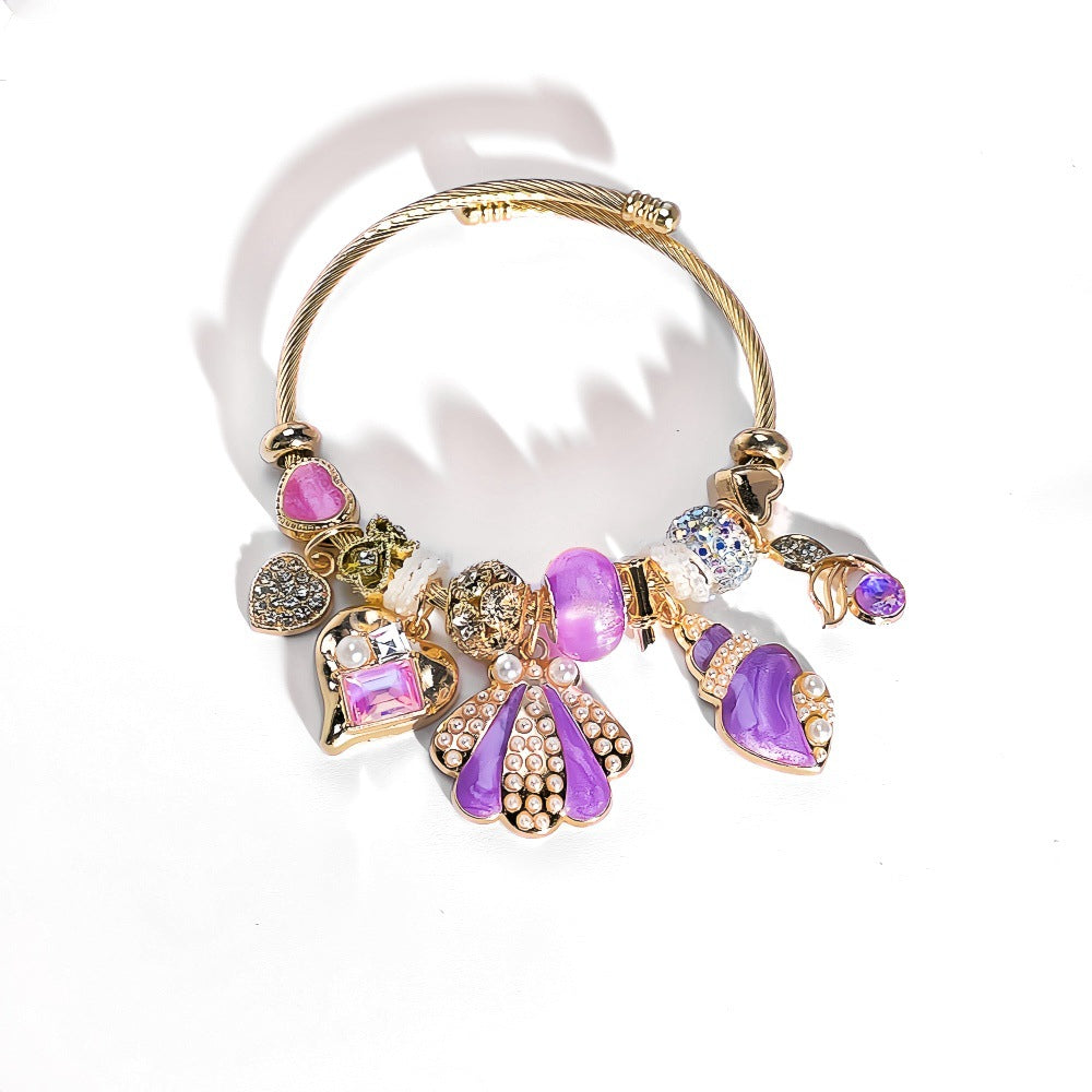 Ocean Pattern Cartoon Style Unisex Bangle Bracelet With Gold Beading And Zinc Alloy Pendant