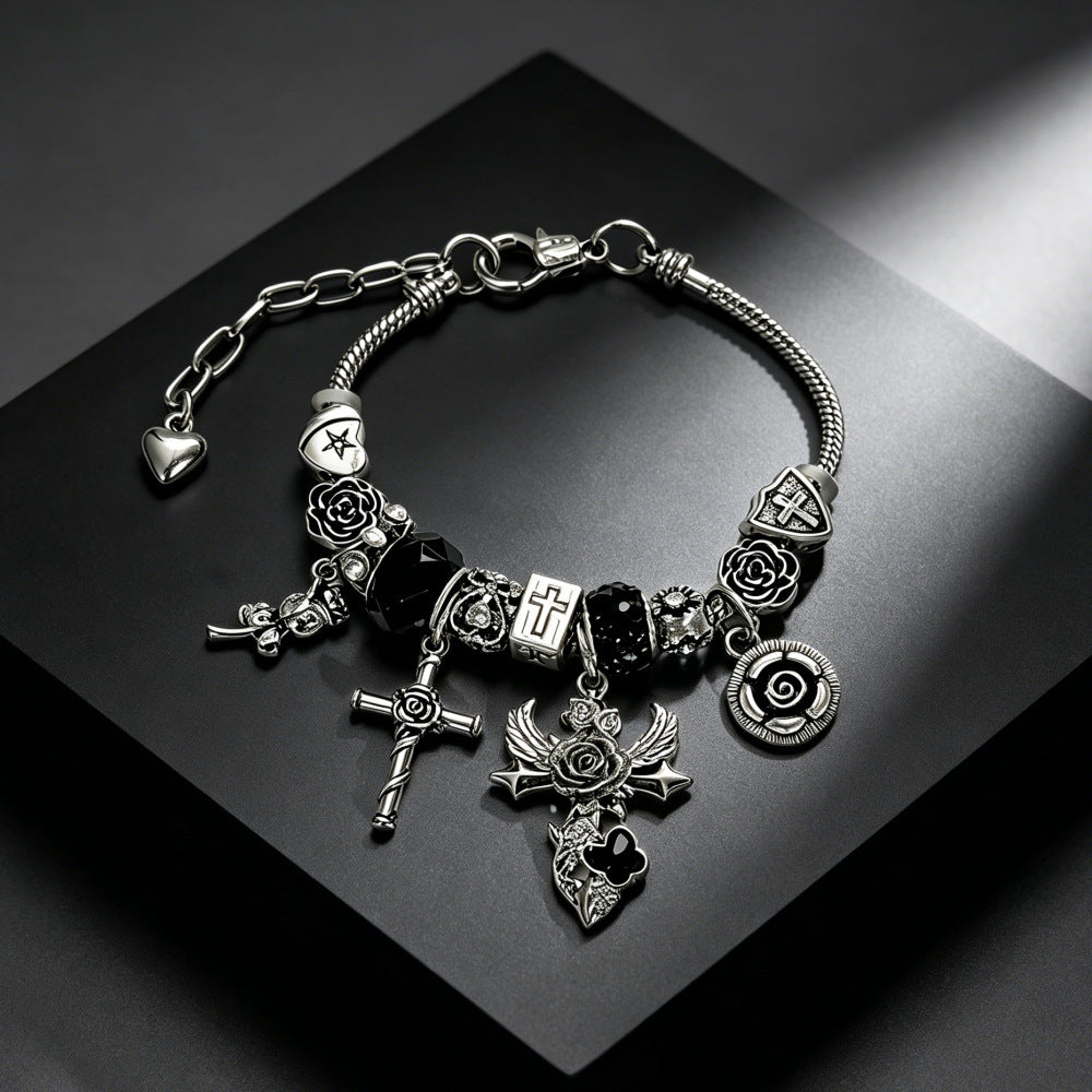 Gothic Cross Beaded Bracelet For Women With Zinc Alloy Pendant And Adjustable Slider Chain