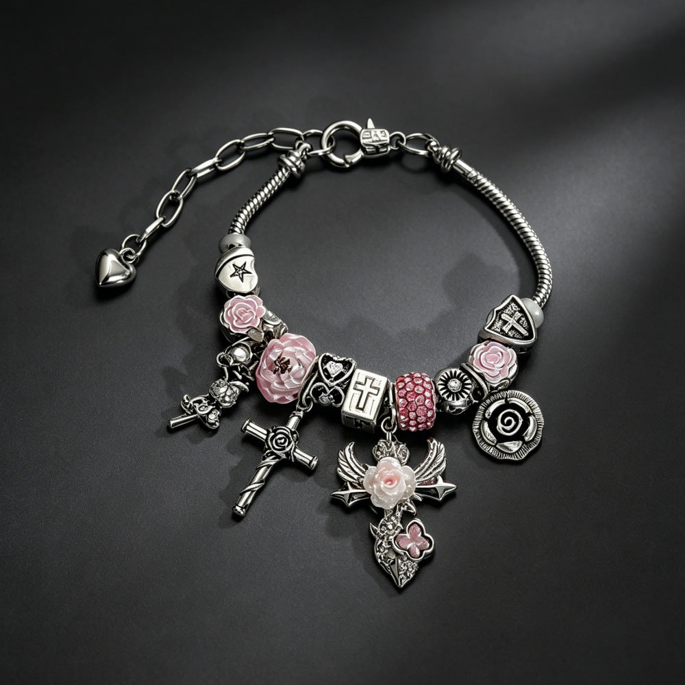 Gothic Cross Beaded Bracelet For Women With Zinc Alloy Pendant And Adjustable Slider Chain