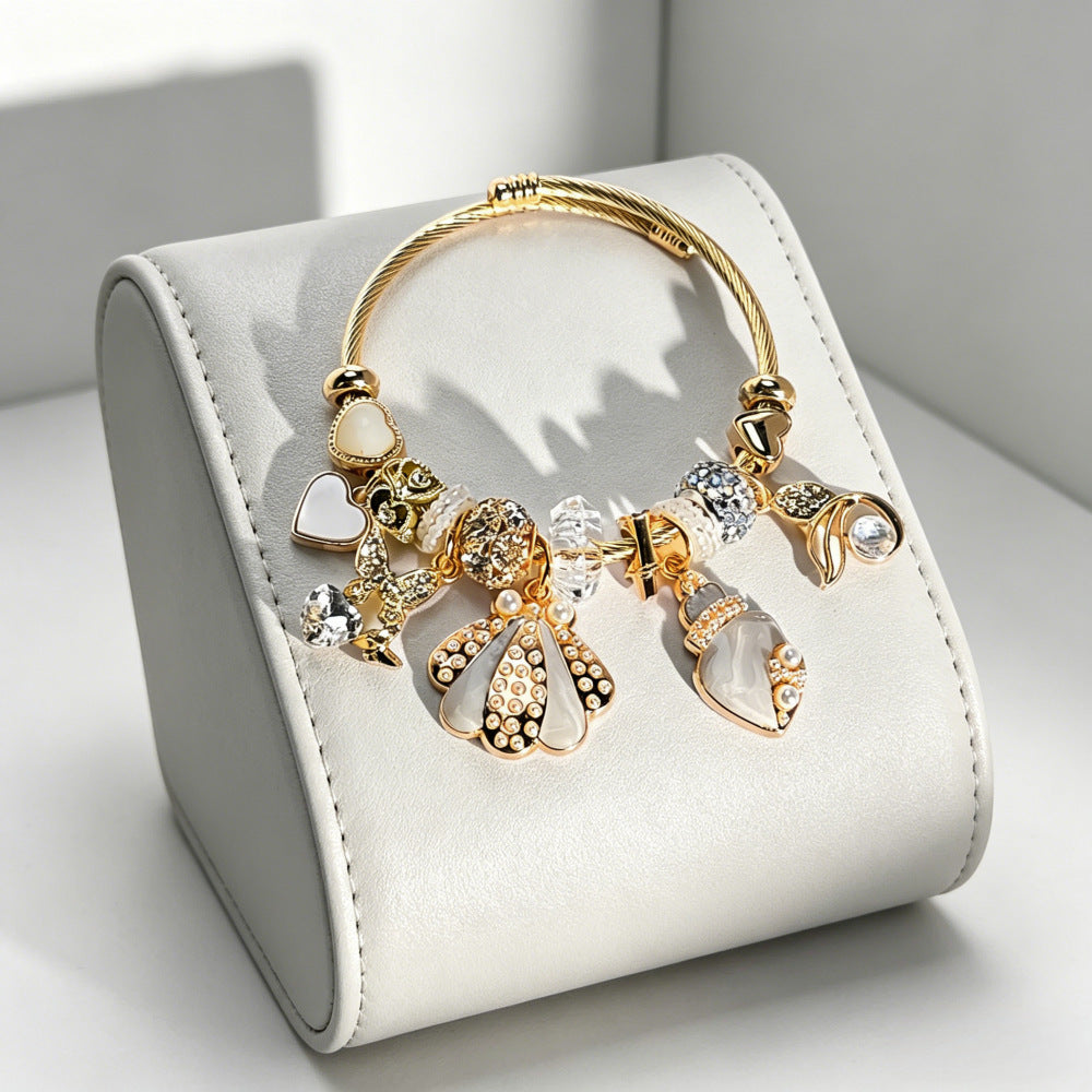 Ocean Pattern Cartoon Style Unisex Bangle Bracelet With Gold Beading And Zinc Alloy Pendant
