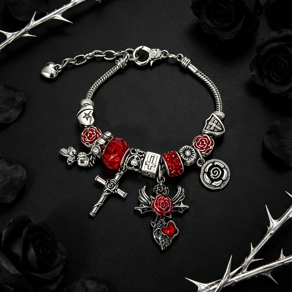 Gothic Cross Beaded Bracelet For Women With Zinc Alloy Pendant And Adjustable Slider Chain