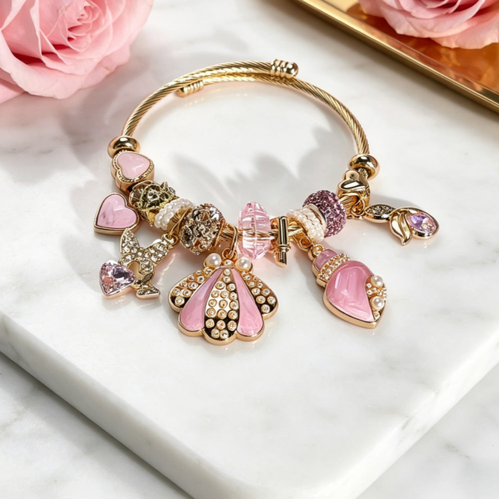 Ocean Pattern Cartoon Style Unisex Bangle Bracelet With Gold Beading And Zinc Alloy Pendant