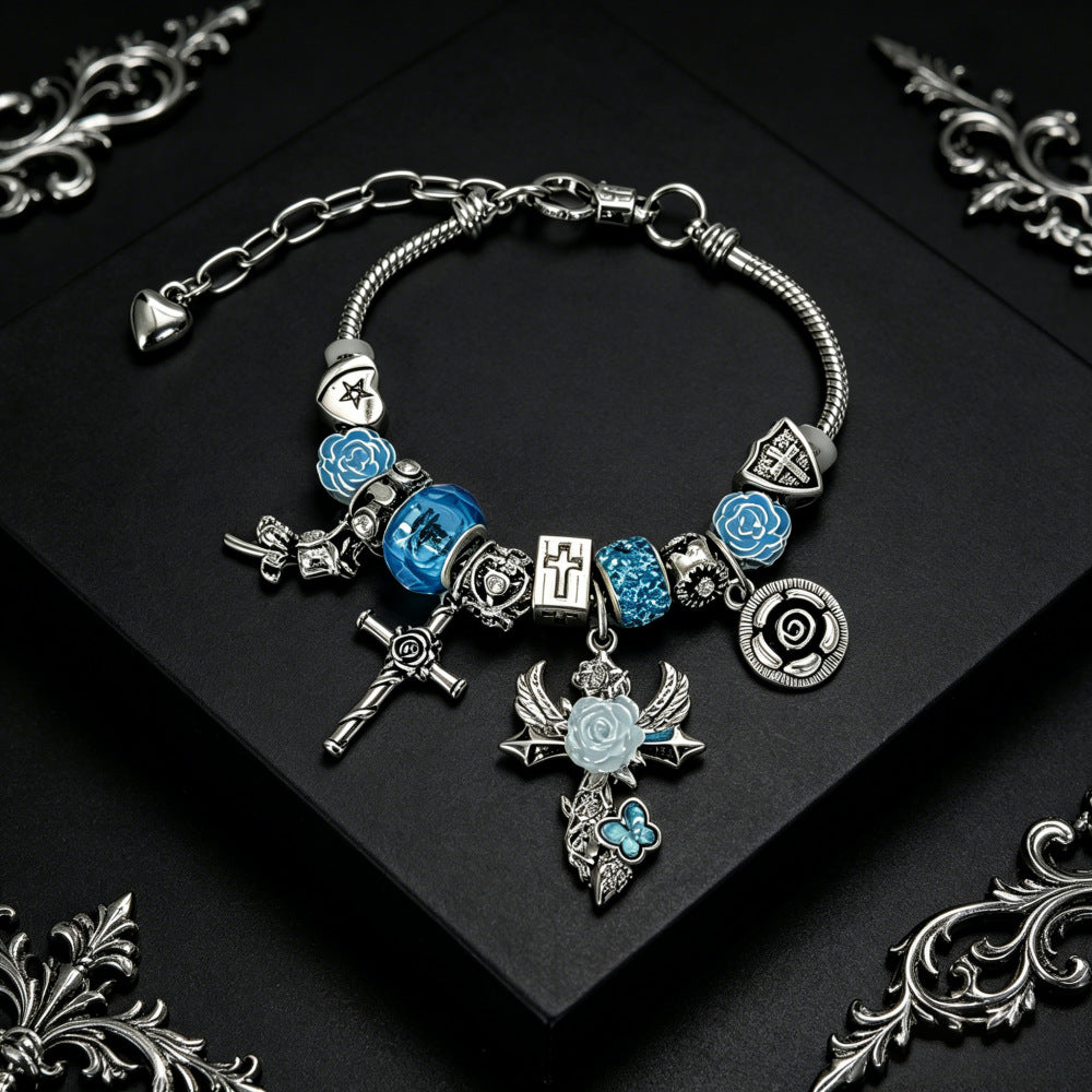 Gothic Cross Beaded Bracelet For Women With Zinc Alloy Pendant And Adjustable Slider Chain