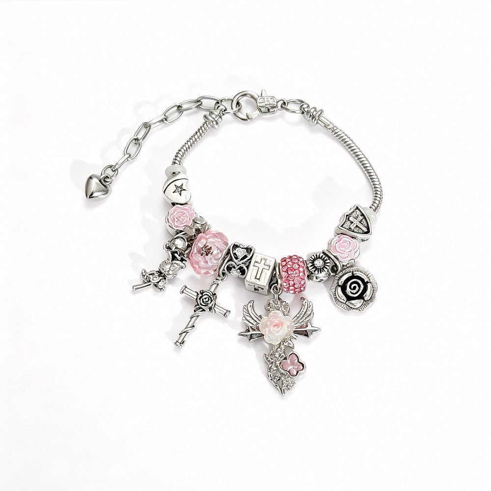Gothic Cross Beaded Bracelet For Women With Zinc Alloy Pendant And Adjustable Slider Chain