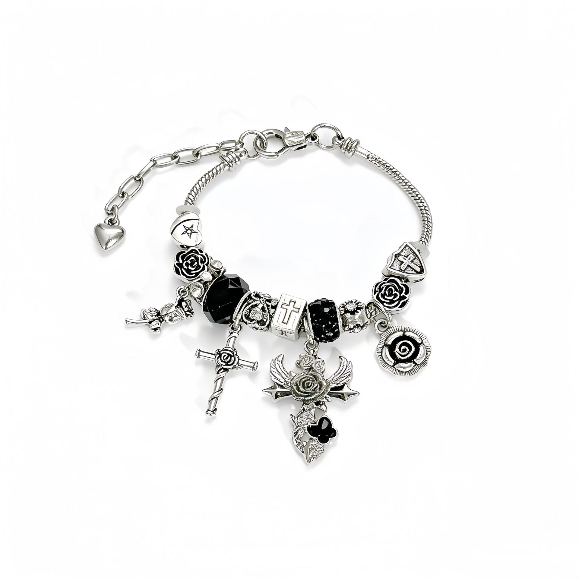 Gothic Cross Beaded Bracelet For Women With Zinc Alloy Pendant And Adjustable Slider Chain