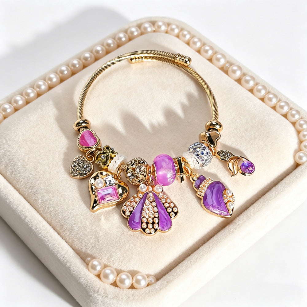 Ocean Pattern Cartoon Style Unisex Bangle Bracelet With Gold Beading And Zinc Alloy Pendant