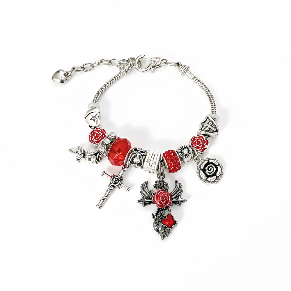 Gothic Cross Beaded Bracelet For Women With Zinc Alloy Pendant And Adjustable Slider Chain