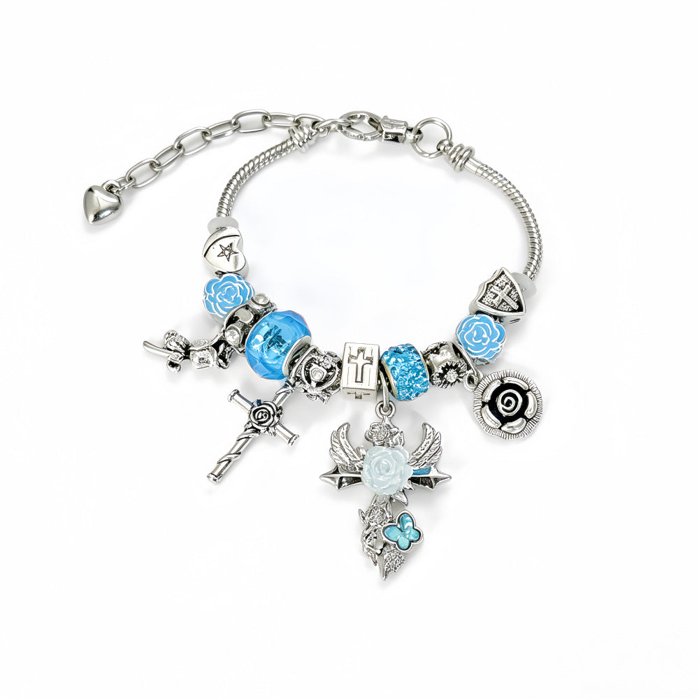 Gothic Cross Beaded Bracelet For Women With Zinc Alloy Pendant And Adjustable Slider Chain