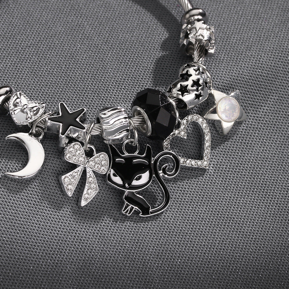Cartoon Style Cat Beaded Bangle Bracelet In Dyed Black Zinc Alloy For Unisex