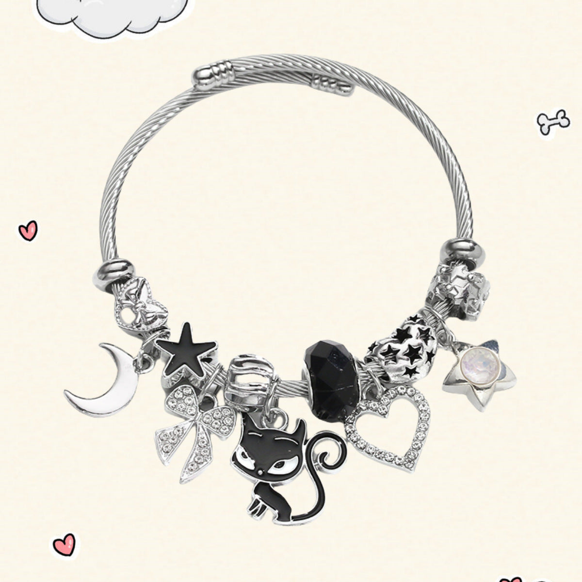 Cartoon Style Cat Beaded Bangle Bracelet In Dyed Black Zinc Alloy For Unisex