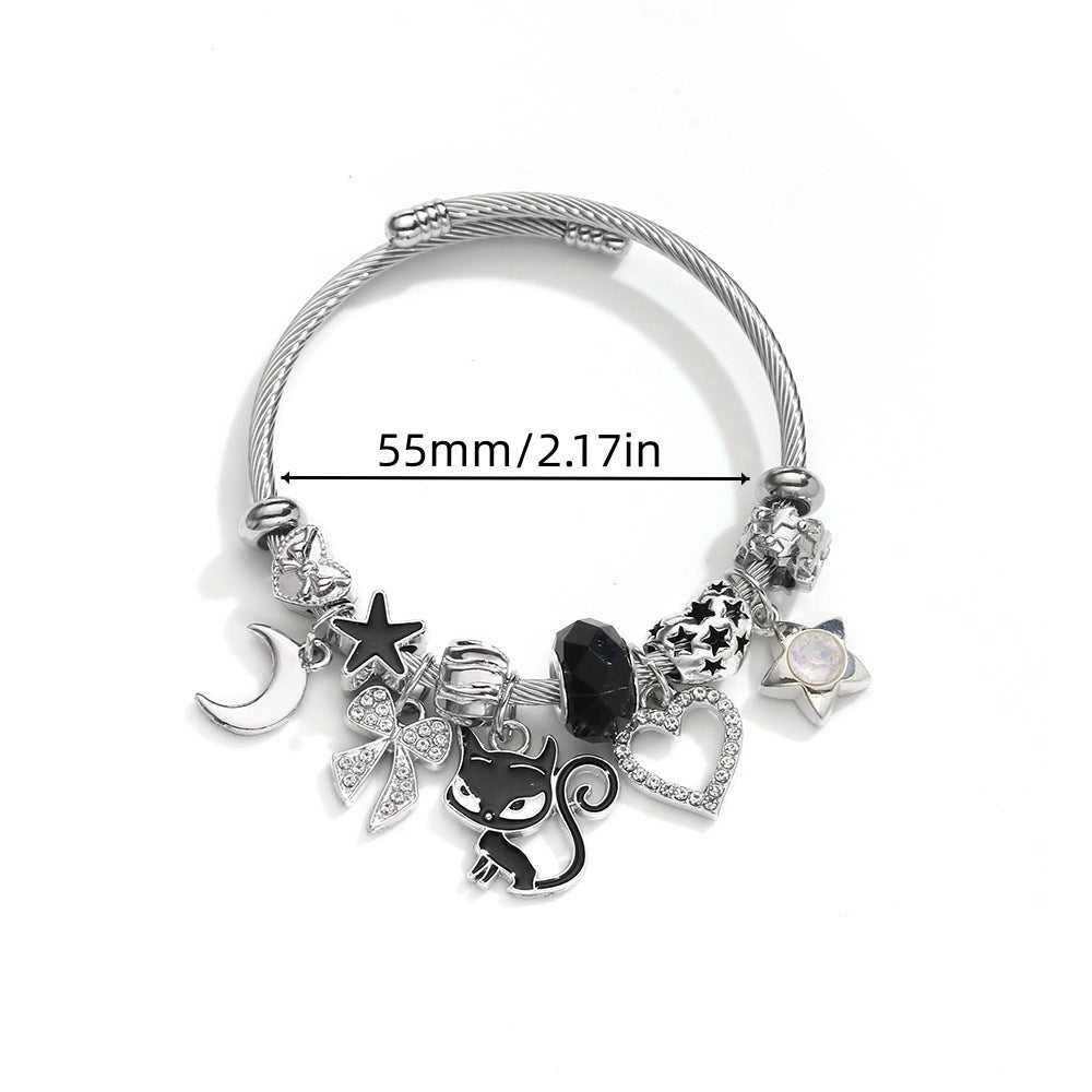 Cartoon Style Cat Beaded Bangle Bracelet In Dyed Black Zinc Alloy For Unisex
