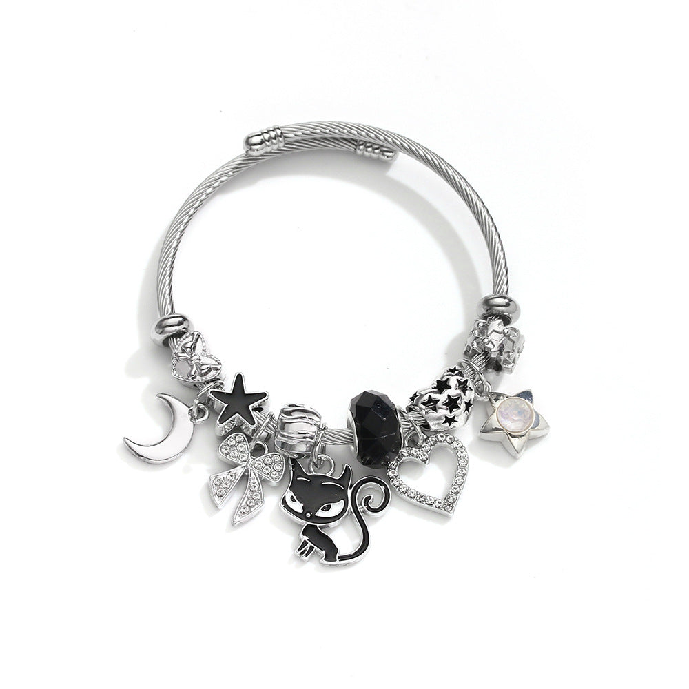 Cartoon Style Cat Beaded Bangle Bracelet In Dyed Black Zinc Alloy For Unisex