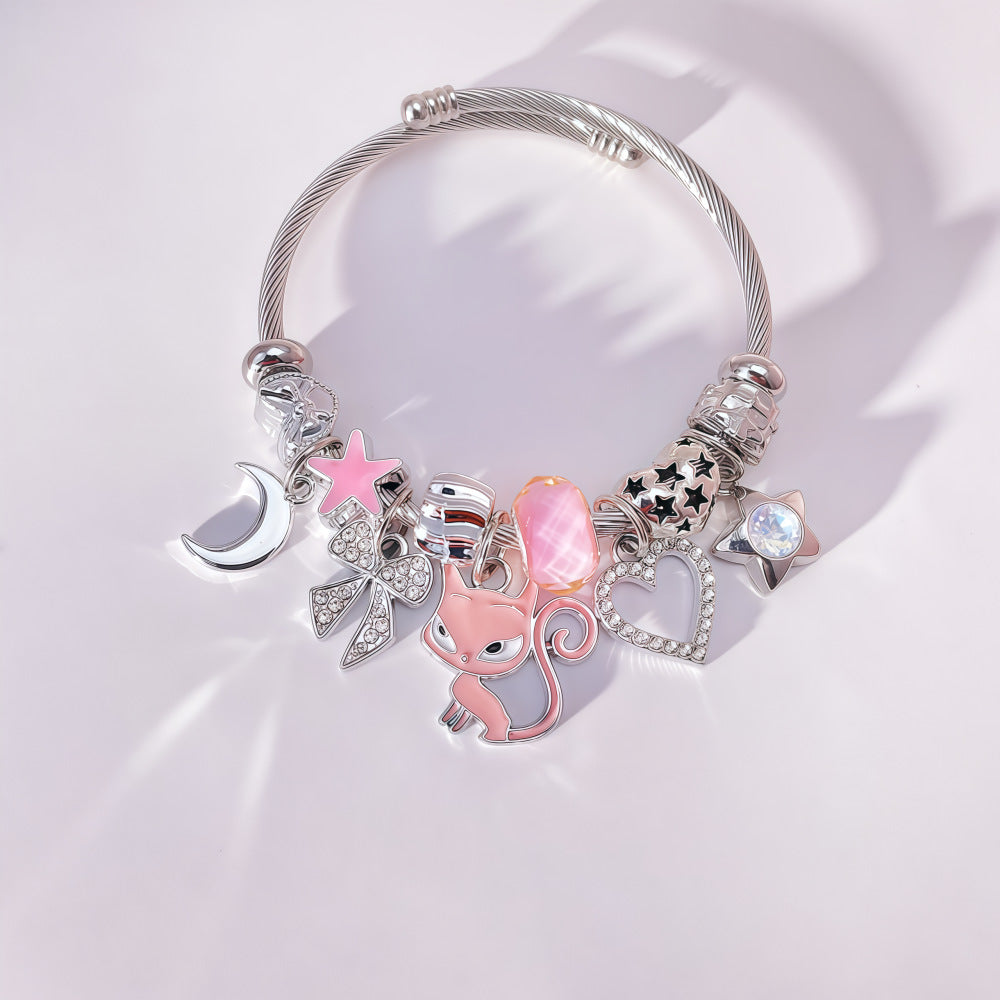 Cartoon Style Cat Beaded Bangle Bracelet In Dyed Black Zinc Alloy For Unisex
