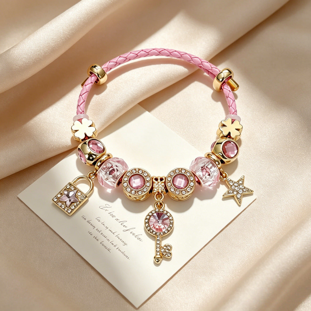 New Style Natural Pink Beading Bracelet For Women With Crystal Pendant