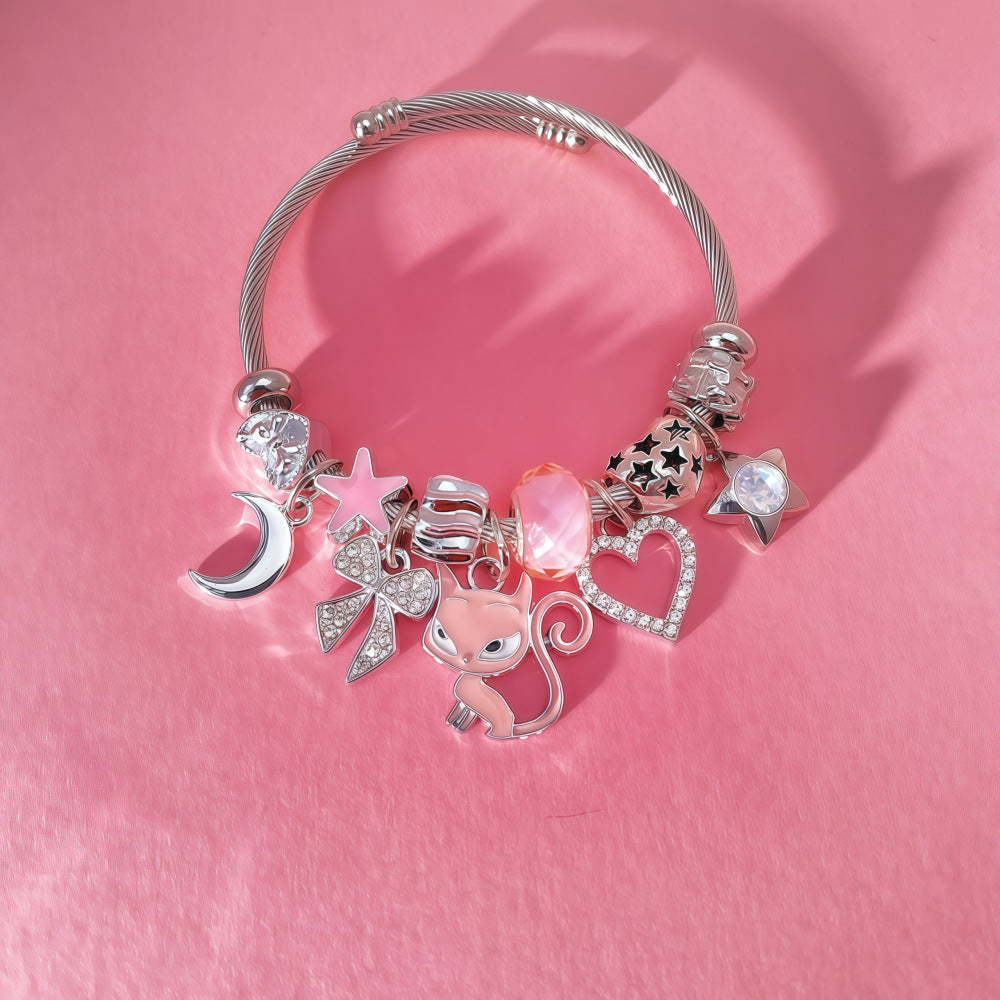 Cartoon Style Cat Beaded Bangle Bracelet In Dyed Black Zinc Alloy For Unisex