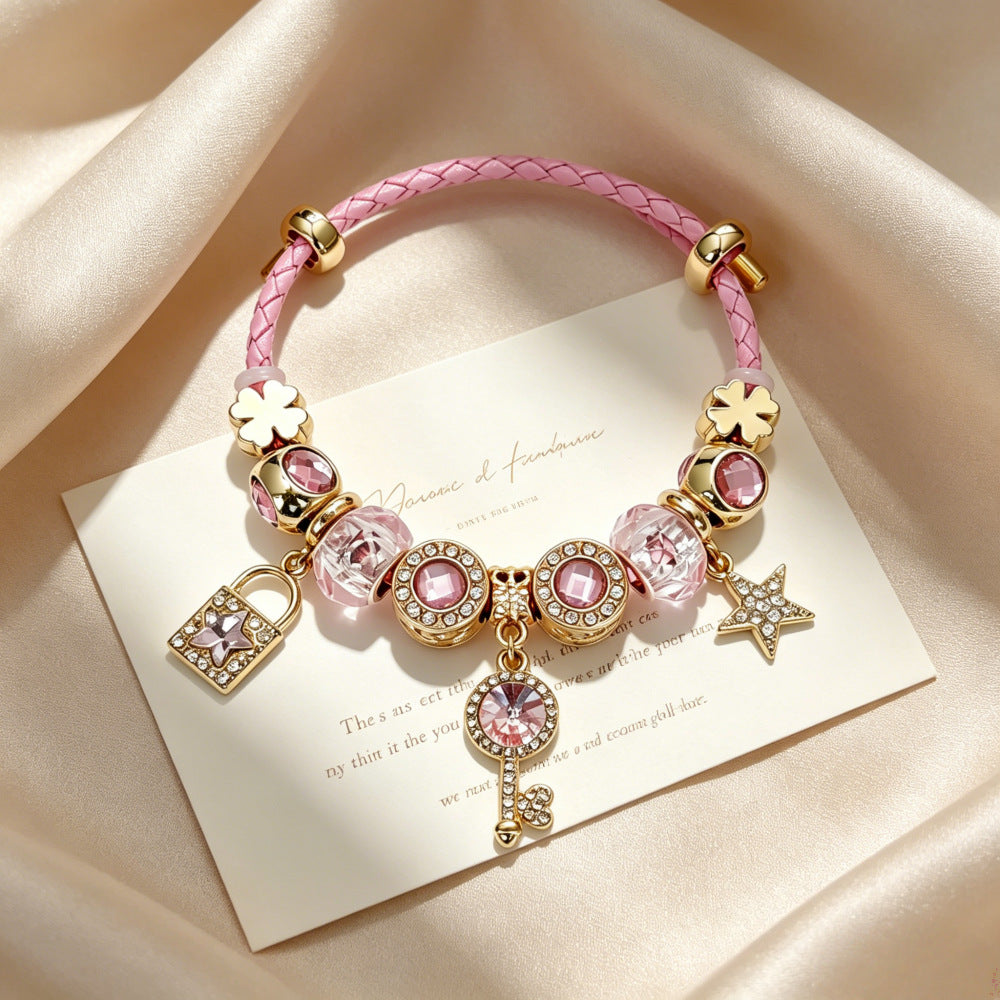 New Style Natural Pink Beading Bracelet For Women With Crystal Pendant