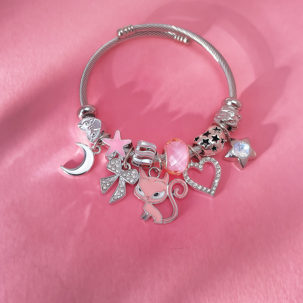 Cartoon Style Cat Beaded Bangle Bracelet In Dyed Black Zinc Alloy For Unisex