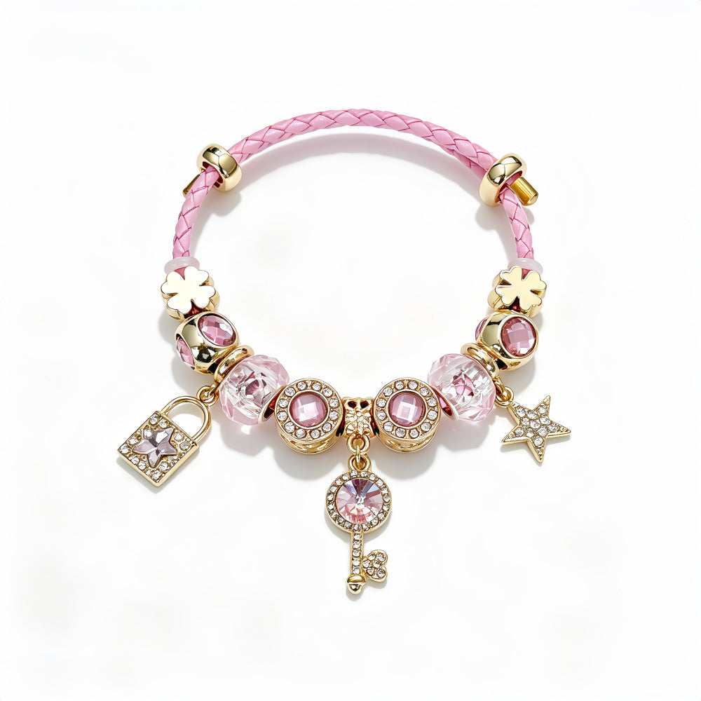 New Style Natural Pink Beading Bracelet For Women With Crystal Pendant