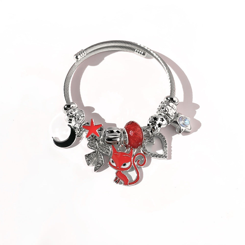 Cartoon Style Cat Beaded Bangle Bracelet In Dyed Black Zinc Alloy For Unisex