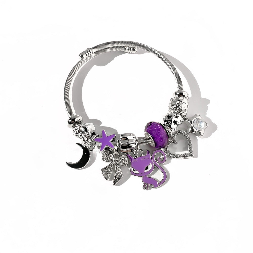 Cartoon Style Cat Beaded Bangle Bracelet In Dyed Black Zinc Alloy For Unisex