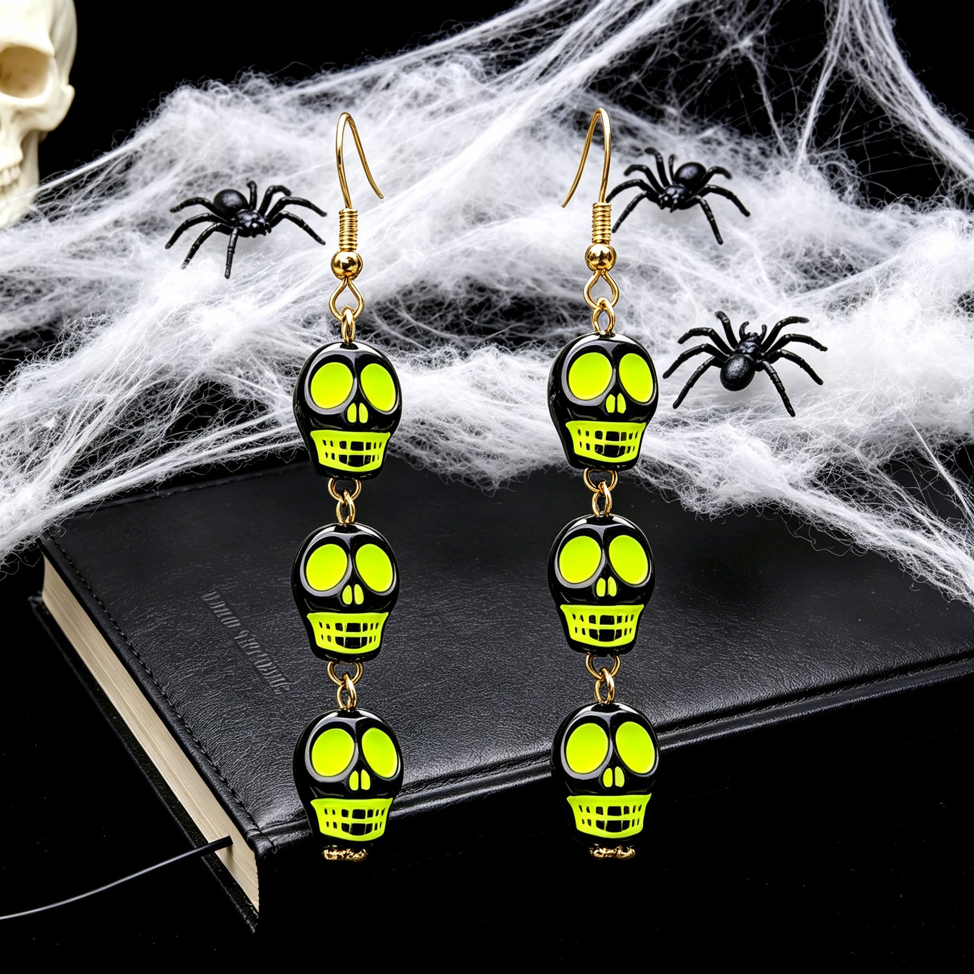 Funny Skull Earrings In Yellow And Green Acrylic With Iron Ear Pins, Unisex Design