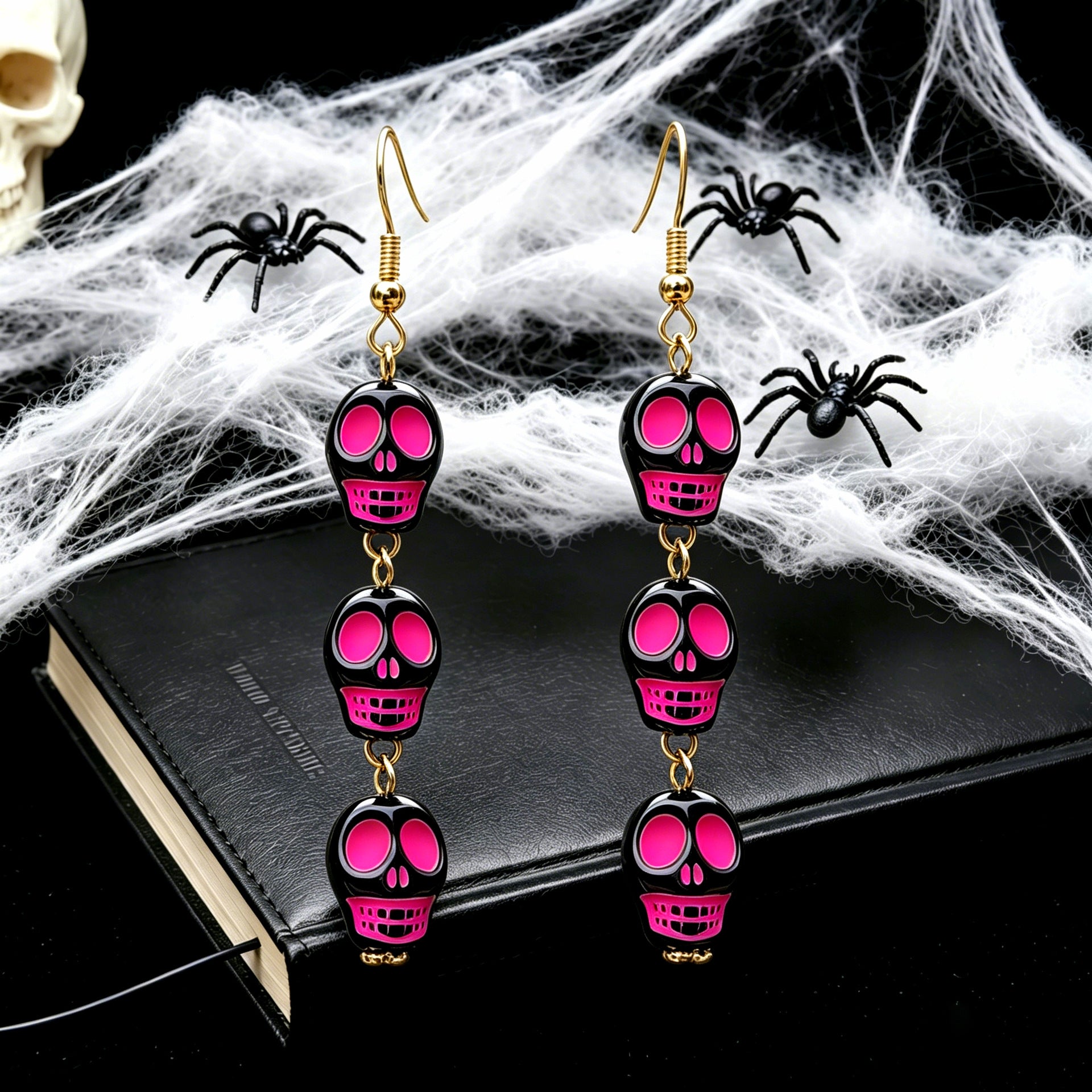 Funny Skull Earrings In Yellow And Green Acrylic With Iron Ear Pins, Unisex Design