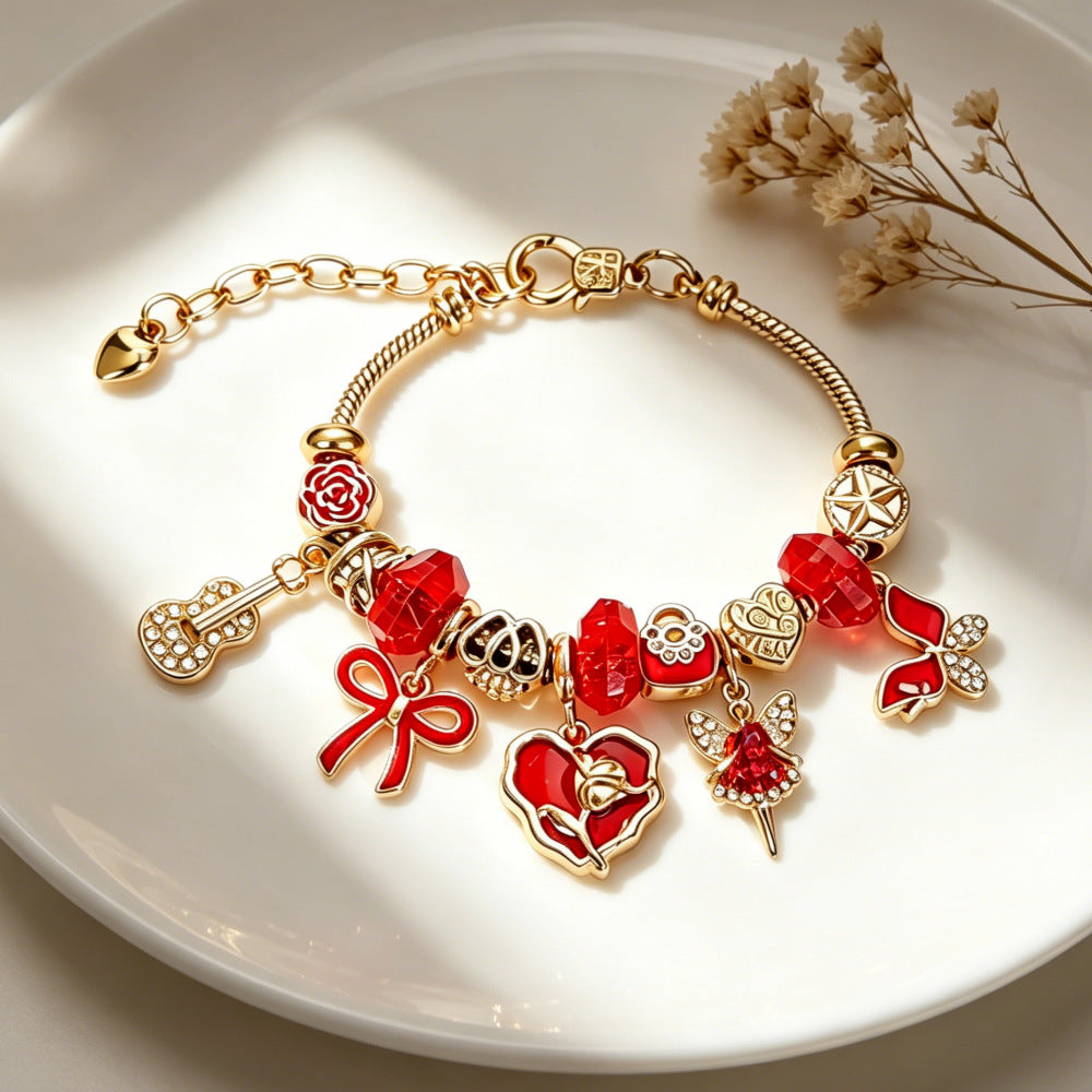 Heart Shape Beaded Bracelet For Women In Gold Featuring Zinc Alloy Pendant