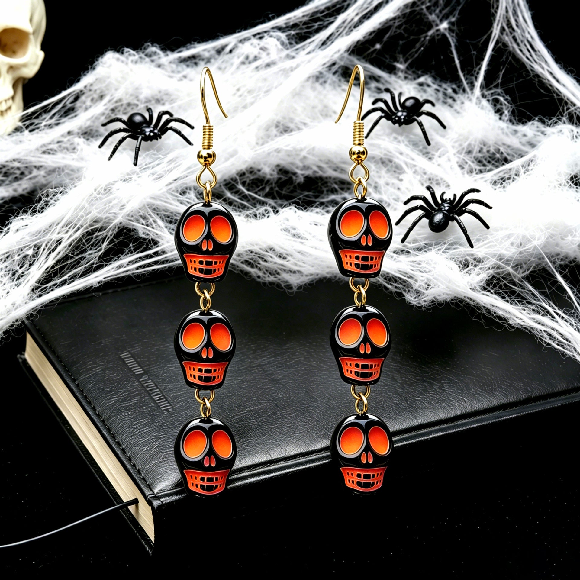 Funny Skull Earrings In Yellow And Green Acrylic With Iron Ear Pins, Unisex Design