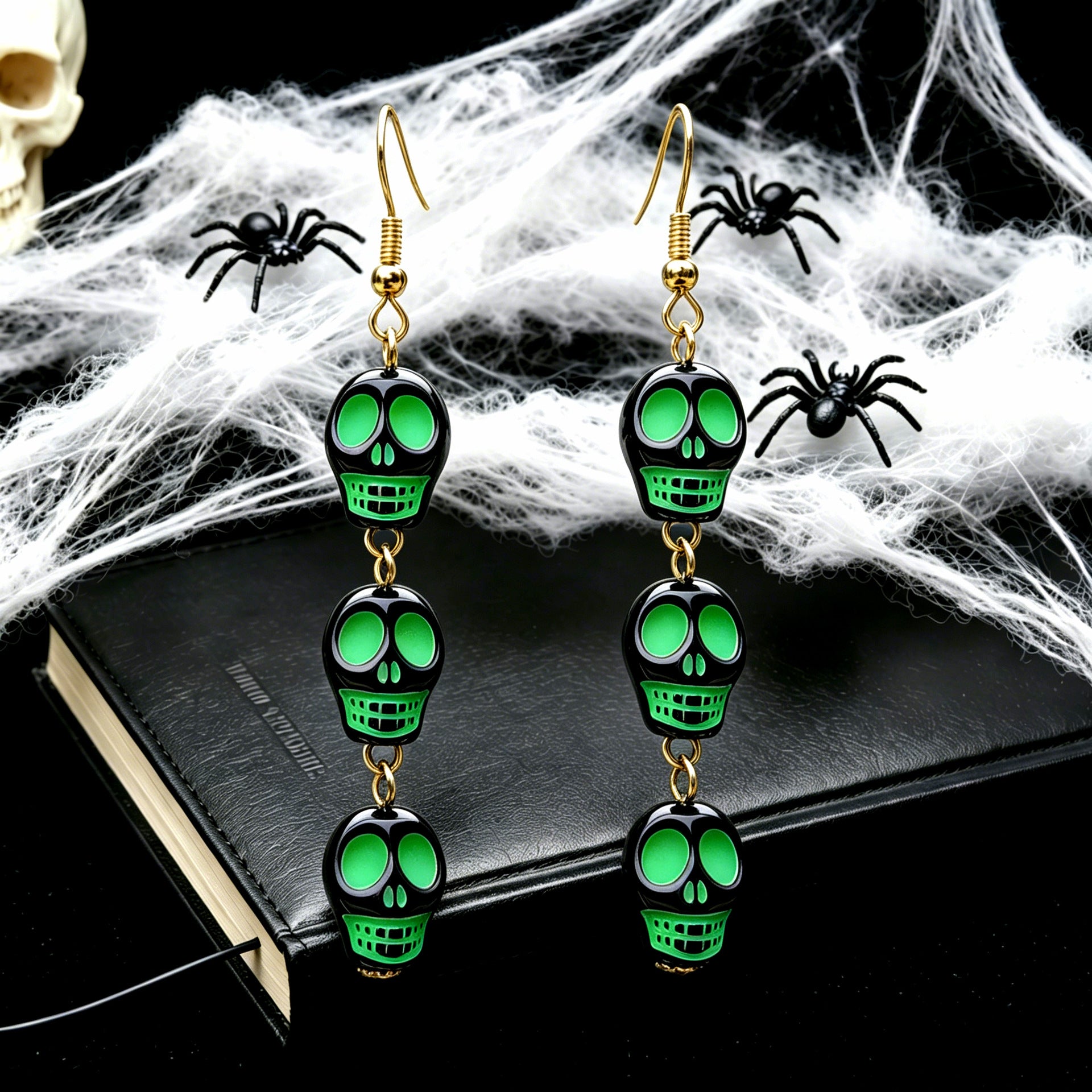 Funny Skull Earrings In Yellow And Green Acrylic With Iron Ear Pins, Unisex Design