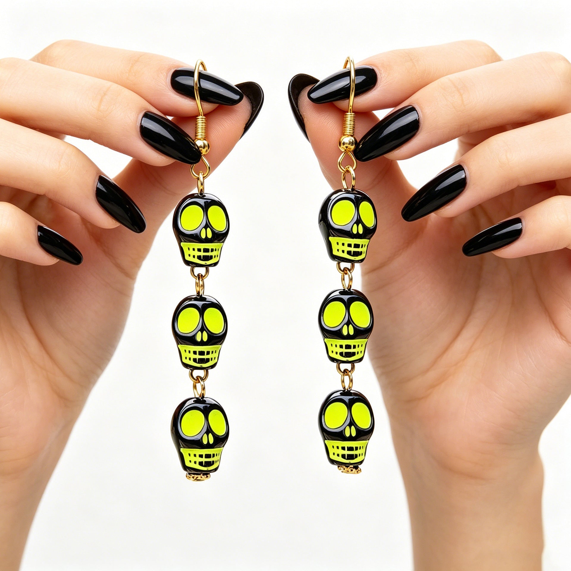 Funny Skull Earrings In Yellow And Green Acrylic With Iron Ear Pins, Unisex Design
