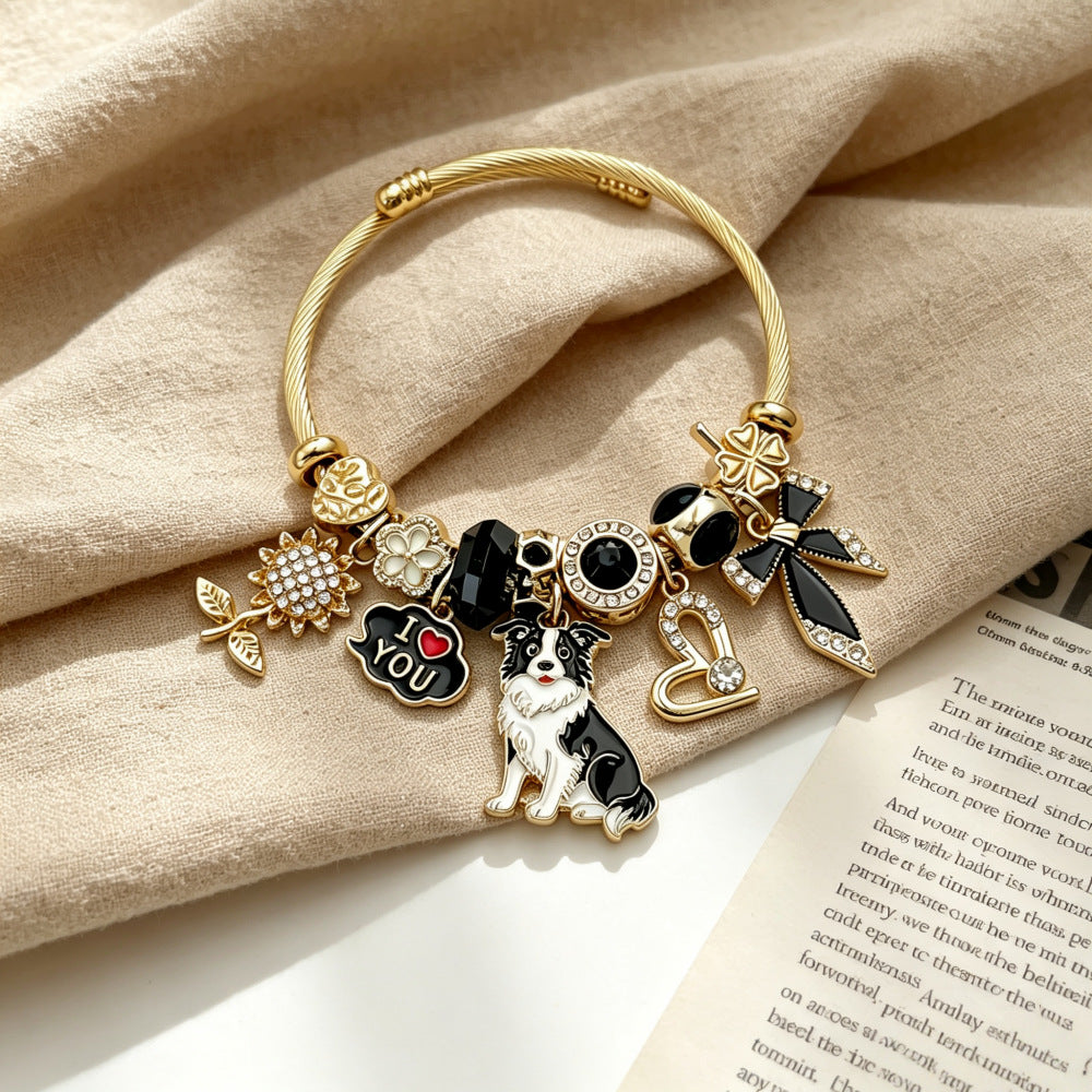 Cute Dog Beading Bangle For Women In Electroplated Stainless Steel With Rhinestone Inlay