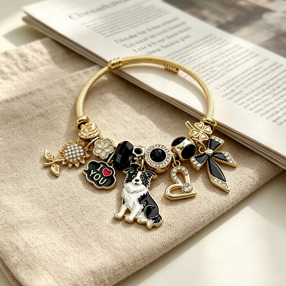 Cute Dog Beading Bangle For Women In Electroplated Stainless Steel With Rhinestone Inlay