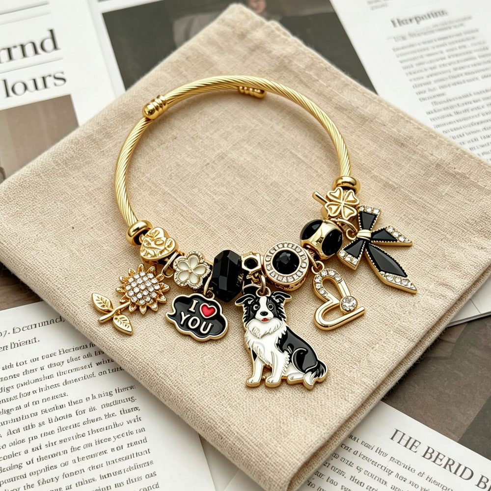 Cute Dog Beading Bangle For Women In Electroplated Stainless Steel With Rhinestone Inlay