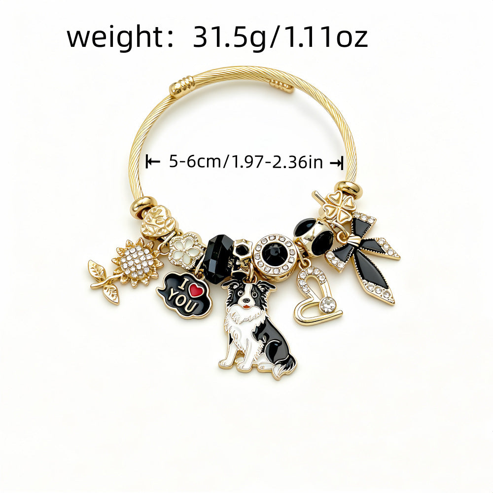 Cute Dog Beading Bangle For Women In Electroplated Stainless Steel With Rhinestone Inlay