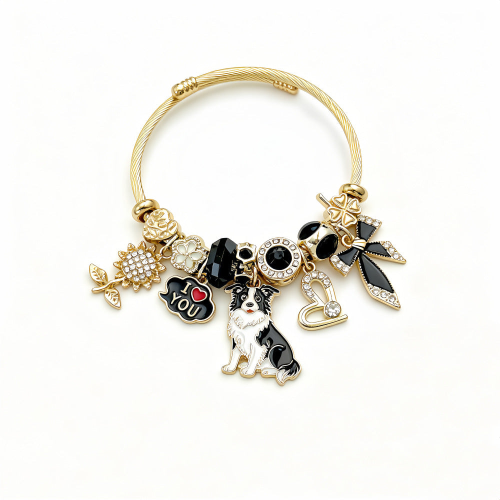 Cute Dog Beading Bangle For Women In Electroplated Stainless Steel With Rhinestone Inlay