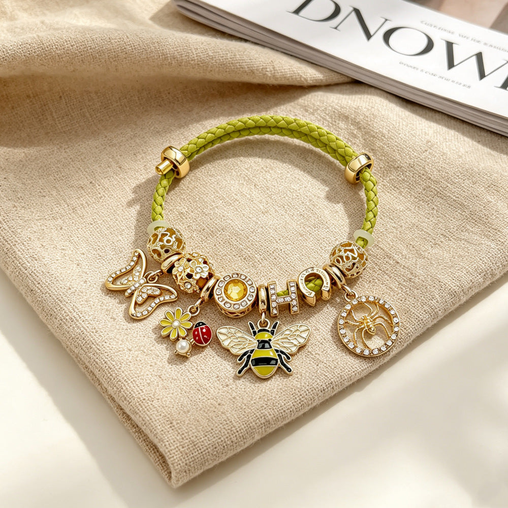 Butterfly Beading Bracelet For Women With Leather Rope Chain, Retro Style, Electroplated Gold Plating And PU Leather Material