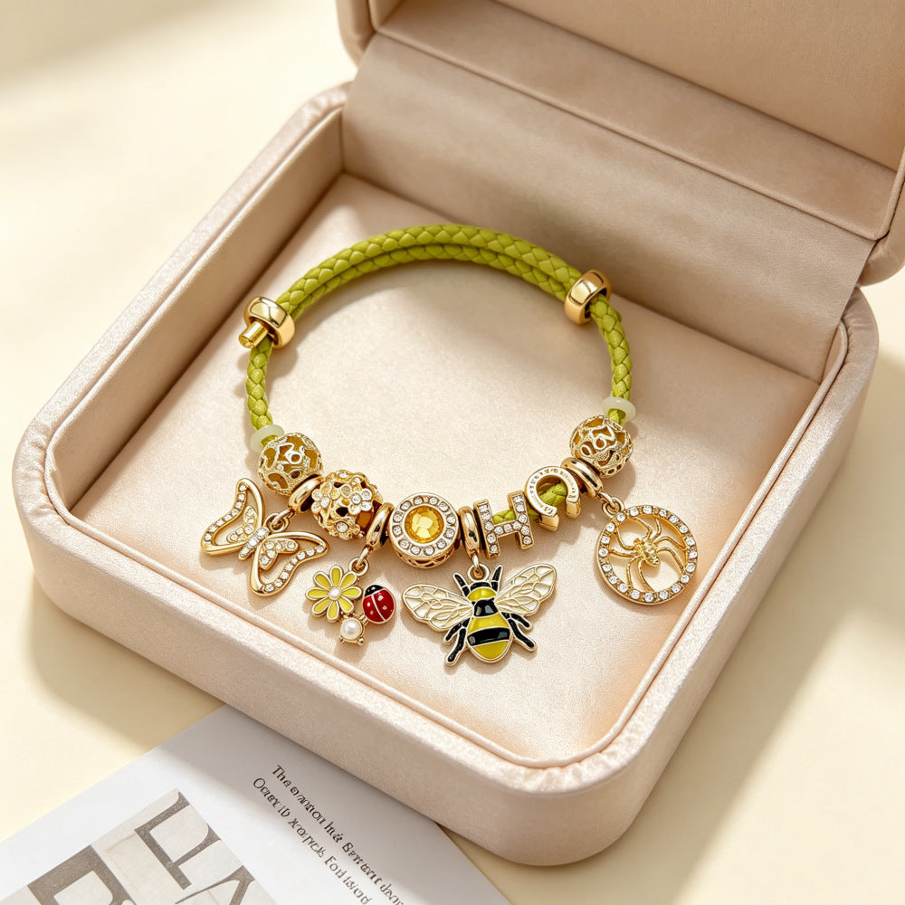 Butterfly Beading Bracelet For Women With Leather Rope Chain, Retro Style, Electroplated Gold Plating And PU Leather Material