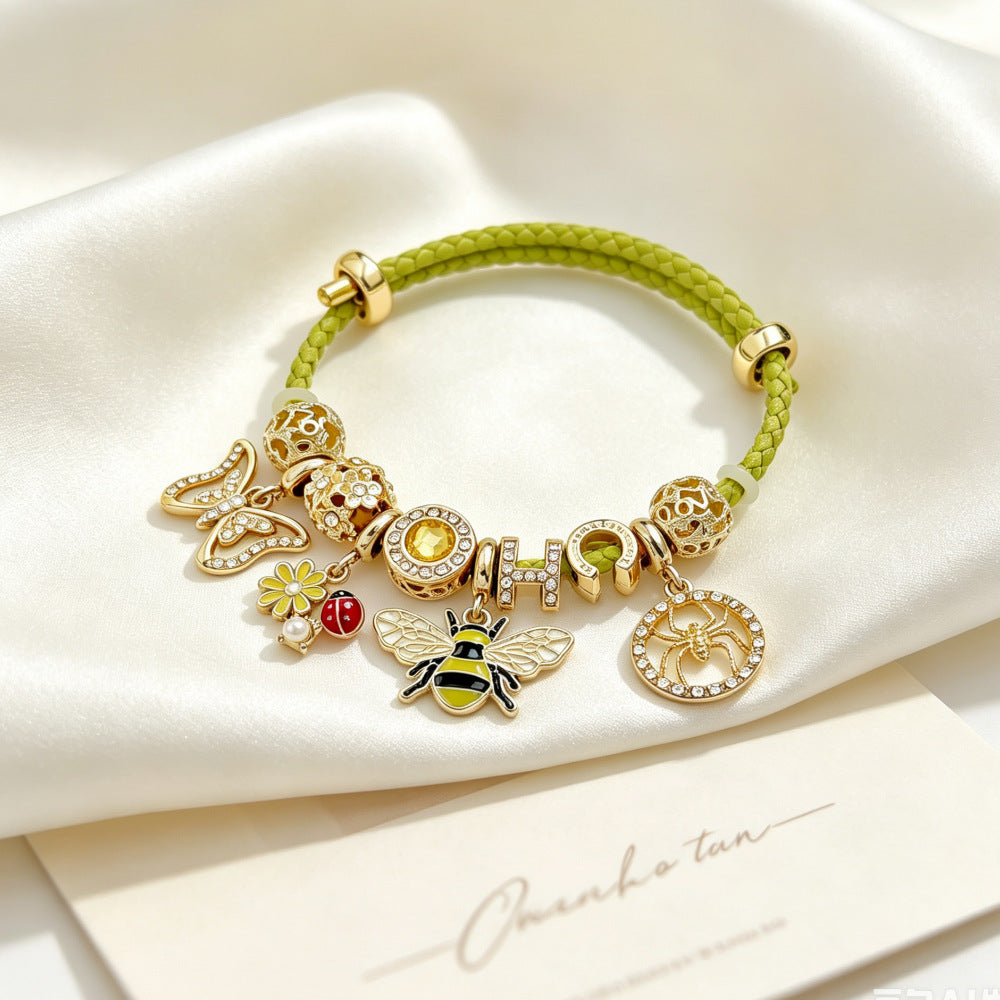 Butterfly Beading Bracelet For Women With Leather Rope Chain, Retro Style, Electroplated Gold Plating And PU Leather Material