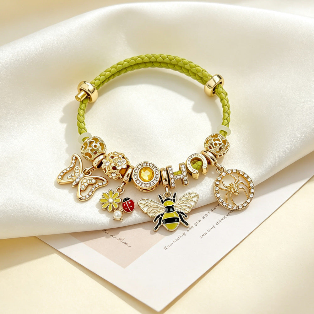 Butterfly Beading Bracelet For Women With Leather Rope Chain, Retro Style, Electroplated Gold Plating And PU Leather Material
