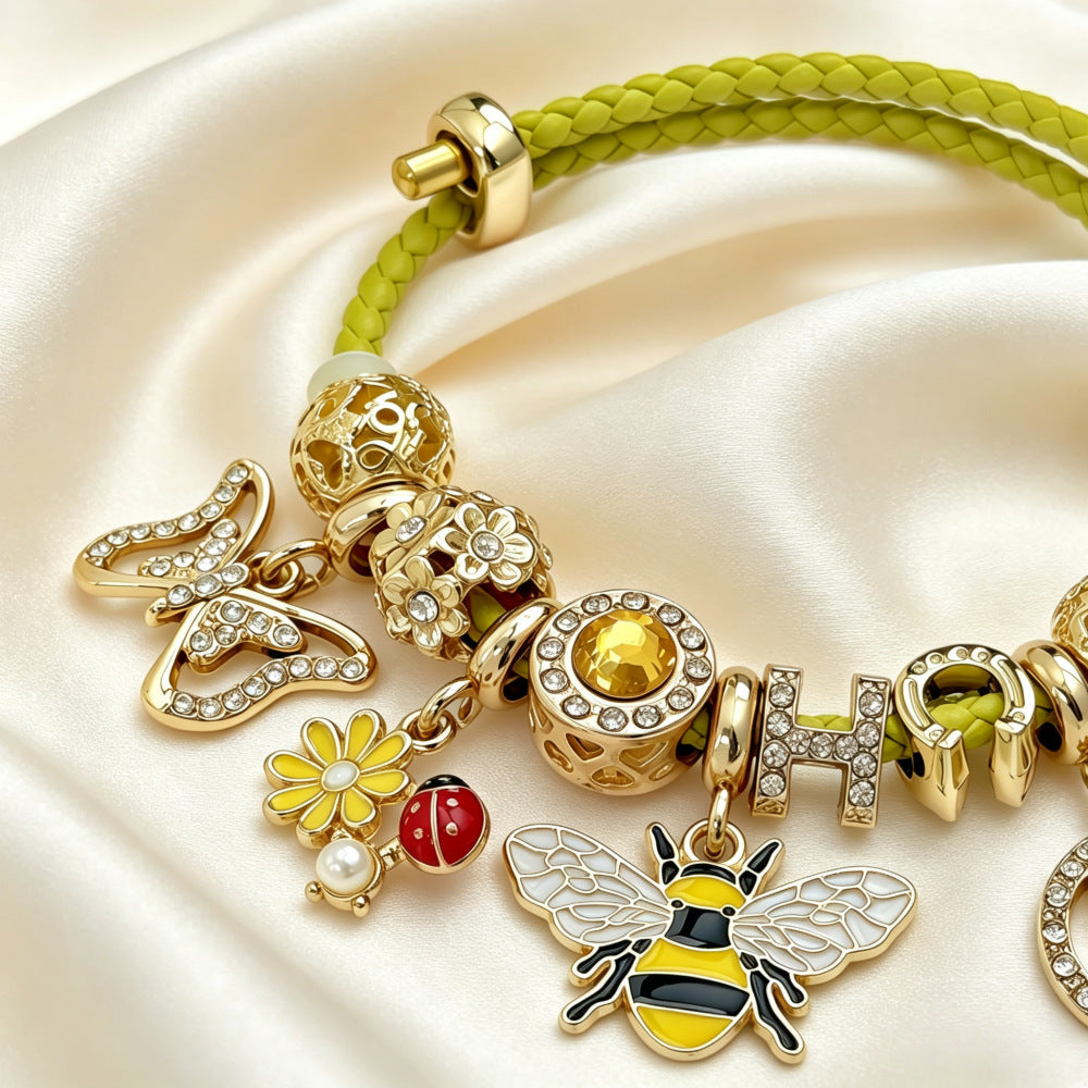 Butterfly Beading Bracelet For Women With Leather Rope Chain, Retro Style, Electroplated Gold Plating And PU Leather Material