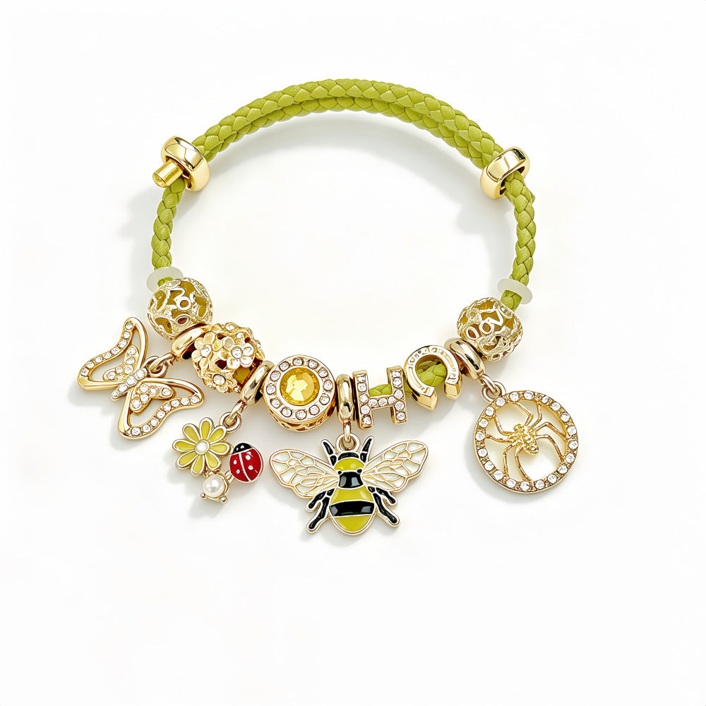 Butterfly Beading Bracelet For Women With Leather Rope Chain, Retro Style, Electroplated Gold Plating And PU Leather Material